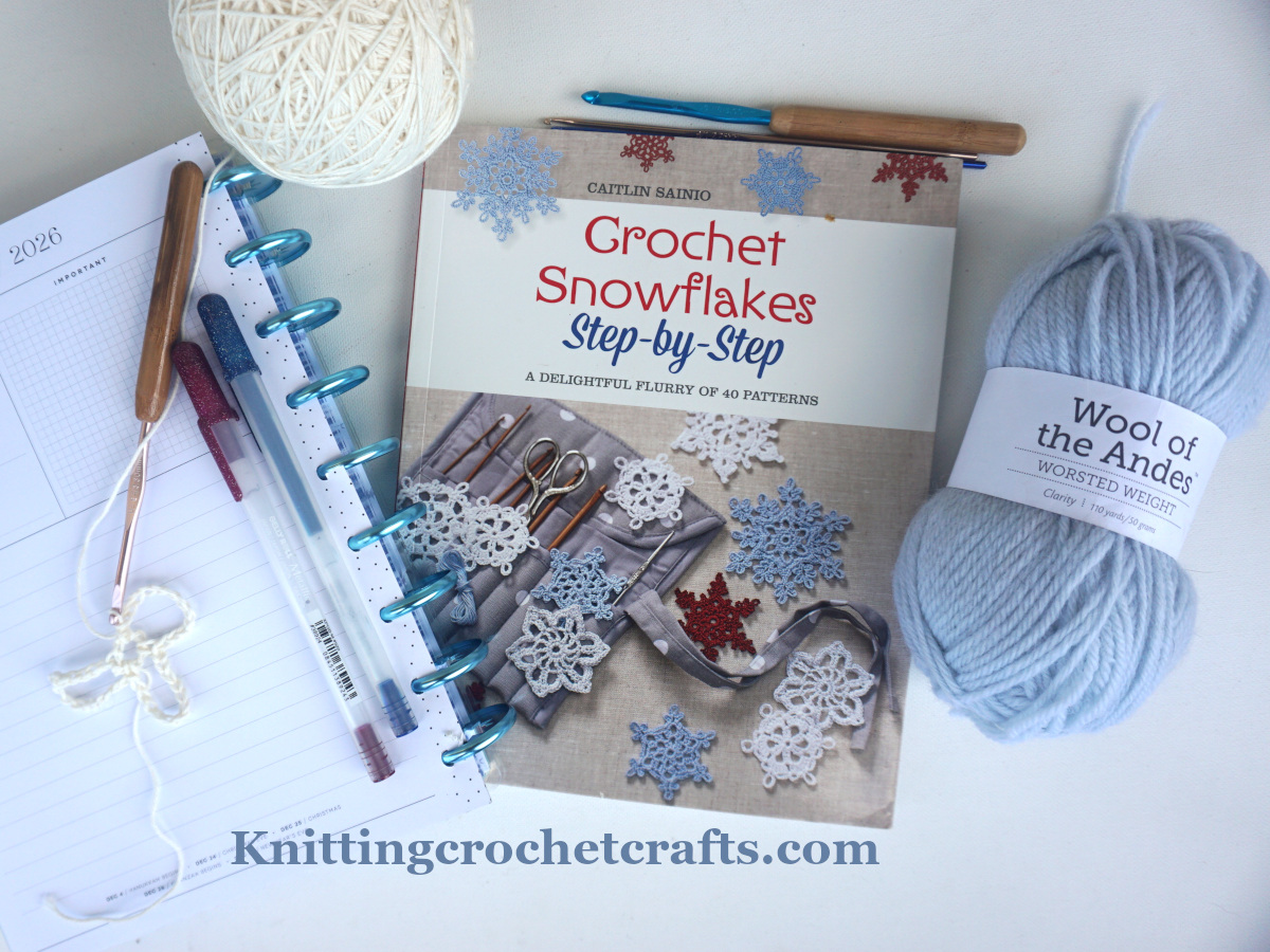 Winter Crafts: Crochet Snowflakes From the Book Called Crochet Snowflakes Step-By-Step -- Pictured With a Discbound Planner for Craft Project Planning, Susan Bates Bamboo Handled Crochet Hooks, Sakura Gelly Roll Pens, Wool of the Andes Yarn and Simply Cotton Fingering Weight Yarn by Knit Picks